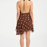 Vestido mini de gasa con lunares, espalda baja, escote pronunciado y abertura en forma de V, estilo halter.