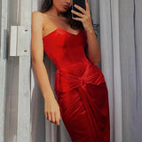 Vestido de noche sexy de terciopelo, ajustado, con ballenas y fruncido, con abertura.