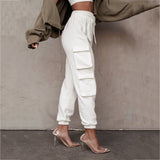 Pantalones de mujer - Tejido elástico - Cintura alta - Corte holgado - Bolsillos cargo