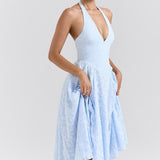 Vestido de noche romántico de jacquard azul sin espalda