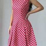 Vestido sin mangas para mujer - Corte entallado - Estampado de cuadros - Falda acampanada