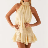 Elegante minivestido sin espalda en satén jacquard a rayas
