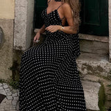 Vestido maxi sexy de lunares con espalda abierta, escote en pico y camiseta sin mangas