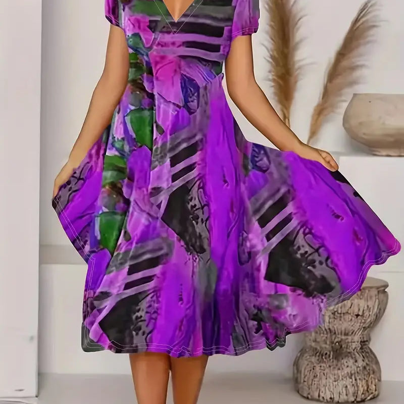 Vestido de mujer - Corte en A - Elegante escote en V - Mangas cortas - Estampado abstracto