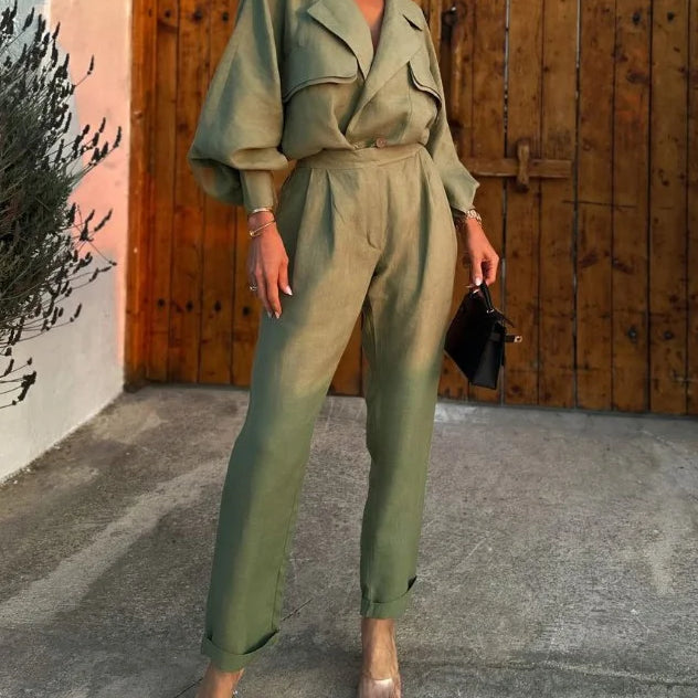 Mono de mujer - Corte holgado - Mangas largas abullonadas - Cuello ancho elegante