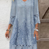 Vestido de mujer - Estilo bohemio - Largo midi - Mangas 3/4 con ribete de encaje - Escote en pico abotonado - Bordado