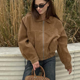 Chaqueta casual vintage de ante con cremallera frontal