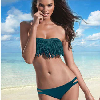 Bikini para mujer – Top bandeau con flecos – Braguita de tiro bajo con aberturas – Tejido elástico