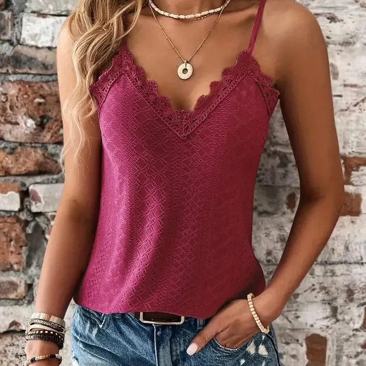 Camisola para mujer - Encaje en contraste - Cuello en V - Tirantes ajustables