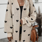 Cárdigan de mujer – Punto de lana – Corte oversize – Mangas largas – Estampado de corazones