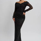 Vestido de noche maxi sin tirantes y manga larga en punto