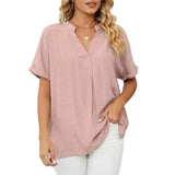 Blusa de mujer - Cuello en V - Mangas cortas con vuelta - Corte holgado - Tejido ligero y transpirable