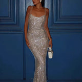 Vestido largo con lentejuelas y diamantes, estilo bodycon