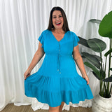 Vestido de mujer – Corte informal – Mangas con volantes – Cuello en V – Botones y cintura ajustable