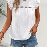 Blusa de mujer - Bordado inglés - Mangas con volantes - Corte holgado - Cuello redondo
