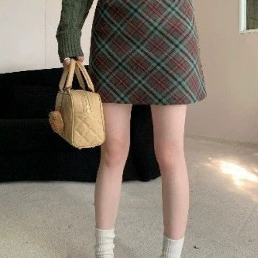 Falda corta vintage de tweed a cuadros, ajustada y de cintura alta