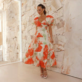 Vestido de mujer - Hombros descubiertos - Mangas abullonadas - Estampado floral - Corte midi fluido