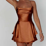 Vestido corto de mujer - Satén brillante - Cuello vuelto - Sin mangas - Corte acampanado