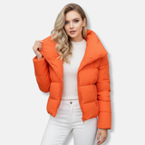 Chaqueta acolchada para mujer – Corte regular – Cuello alto – Cierre de cremallera – Bolsillos seguros
