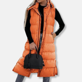 Chaqueta larga para mujer – Acolchada ligera – Corte holgado – Sin mangas con capucha