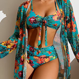 Traje de baño de 3 piezas para mujer – Top con lazo – Cintura alta – Kimono floral fluido