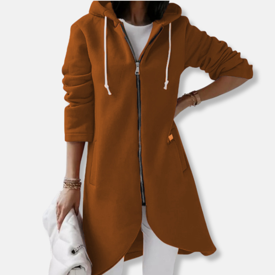 Chaqueta sudadera para mujer – Corte holgado – Algodón – Capucha con cremallera – Largo hasta la mitad del muslo
