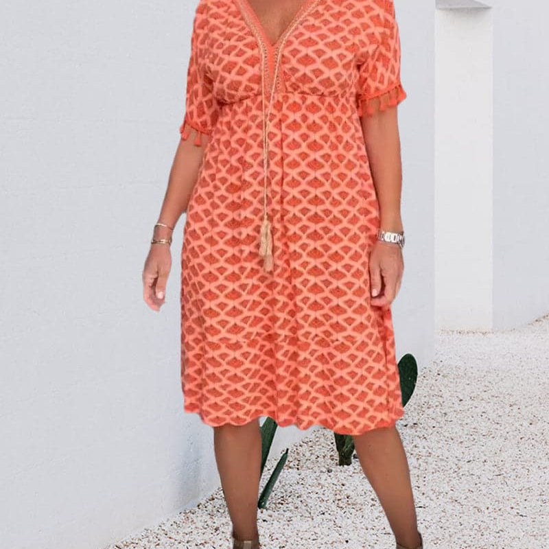 Camille - Vestido estampado con escote en V y flecos