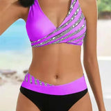 Bikini de mujer – Talle alto – Top cruzado – Tejido elástico transpirable – Rayas estampadas