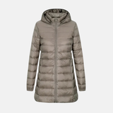 Chaqueta de plumas para mujer – Corte entallado – Largo hasta medio muslo – Acolchada – Impermeable con capucha