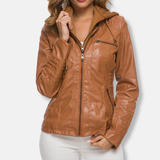 Chaqueta de cuero para mujer – Corte entallado – Capucha – Bolsillos con cremallera – Largo hasta la cintura