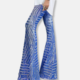 Pantalón de mujer – Cintura alta – Pierna ancha – Lentejuelas geométricas – Largo completo