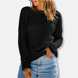 Camiseta de manga larga para mujer – Corte relajado – Punto gofre – Hombros caídos