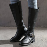 Botas altas para mujer - Piel lisa - Punta redonda - Tacón cuadrado cómodo - Hebilla decorativa
