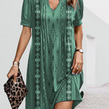 Vestido de mujer - Escote en V - Mangas cortas abullonadas - Corte recto y fluido