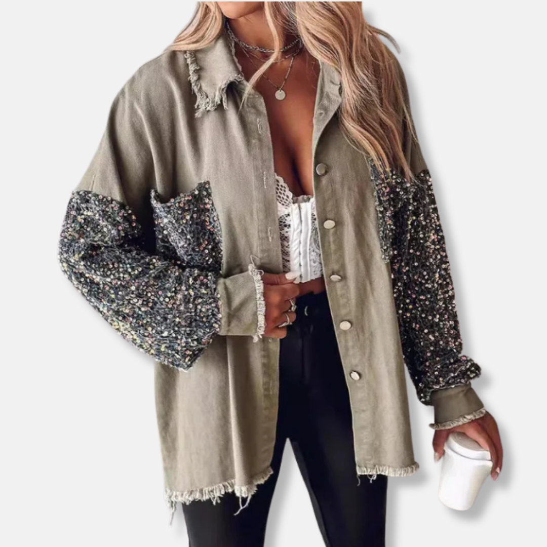 Chaqueta vaquera para mujer - Mezcla de algodón - Corte holgado - Largo túnica - Bordes deshilachados
