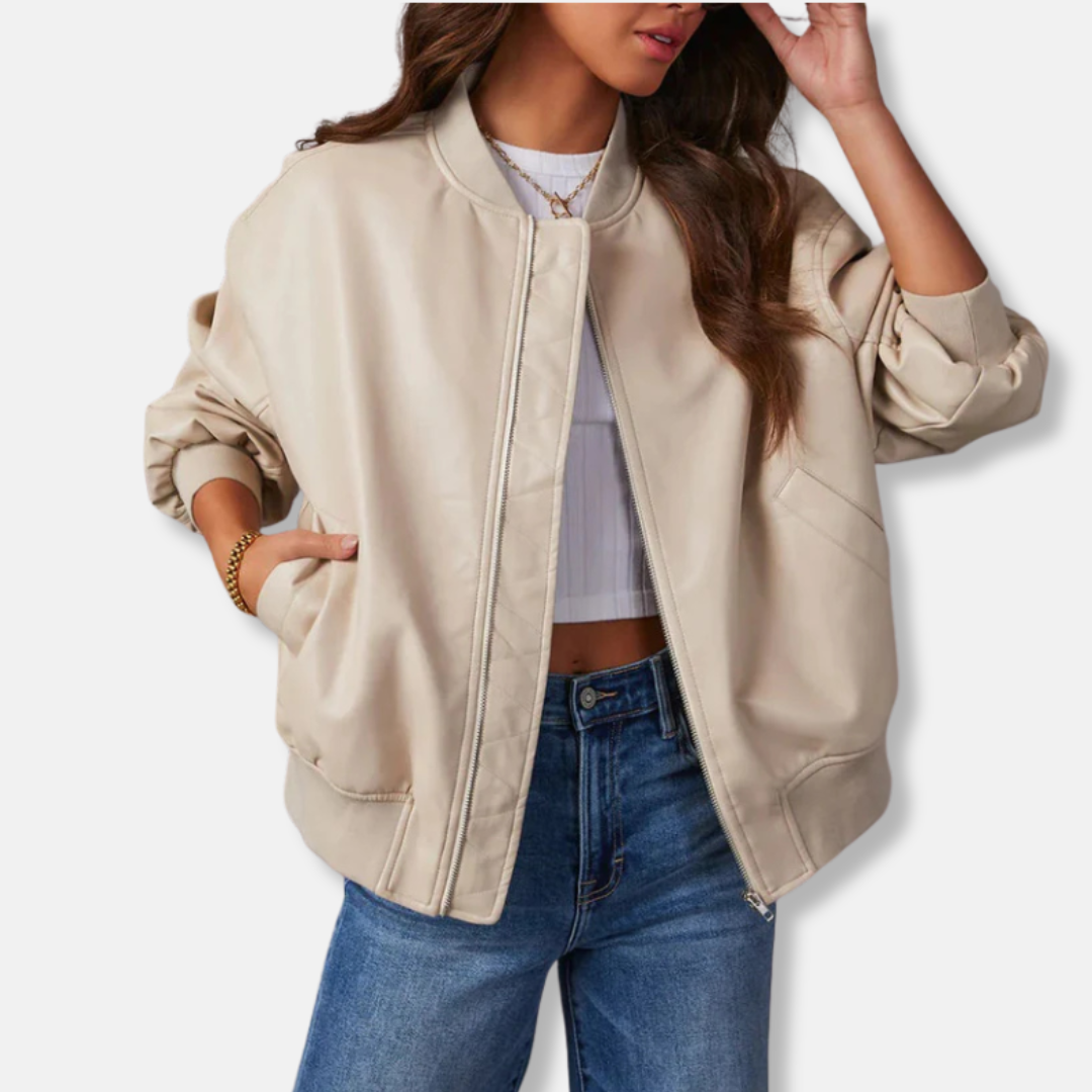Chaqueta de mujer - Piel sintética - Corte holgado - Cuello alto acanalado
