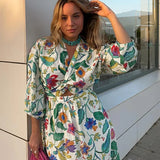 Conjunto de falda y top para mujer - Estilo cruzado - Mangas largas - Estampado floral - Fluido
