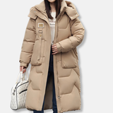 Chaqueta acolchada larga para mujer - Tejido - Corte holgado - Cuello alto con capucha