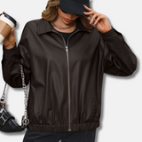 Chaqueta biker para mujer – Piel sintética – Corte holgado – Recortada – Cremallera frontal