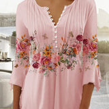 Top de mujer – Estampado floral – Corte holgado – Mangas 3/4 – Cuello en V abotonado – Tejido ligero