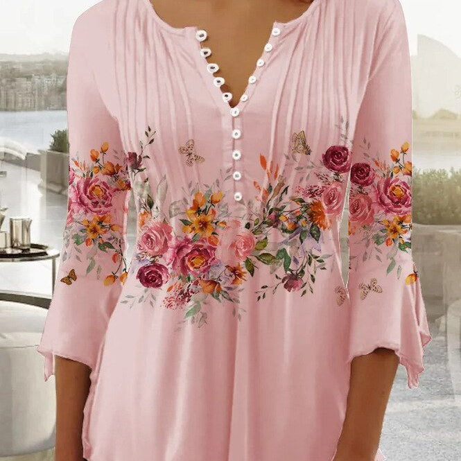 Top de mujer – Estampado floral – Corte holgado – Mangas 3/4 – Cuello en V abotonado – Tejido ligero