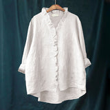 Blusa de mujer – Corte holgado – Fibras naturales – Volantes – Mangas largas remangadas