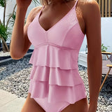 Traje de baño tankini para mujer - Tirantes finos - Volantes en capas - Corte favorecedor