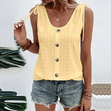 Blusa sin mangas para mujer - Cuello redondo abotonado - Tejido texturizado elegante - Lazos en los hombros