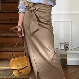 Falda midi recta vintage con cintura alta y lazo
