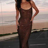 Vestido largo con lentejuelas y diamantes, estilo bodycon