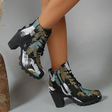 Botines de mujer - Tacón cuadrado - Cordones y cremallera lateral - Estampado artístico de moda