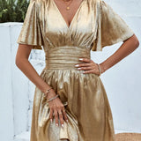 Vestido de mujer - Escote en pico - Mangas mariposa - Cintura ajustada - Tejido brillante