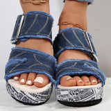 Sandalias de cuña para mujer - Denim deshilachado - Suela alta estampada - Punta abierta