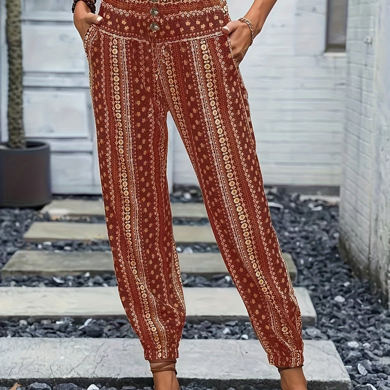 Pantalones de mujer - Tejido ligero - Cintura alta fruncida - Vueltas elásticas